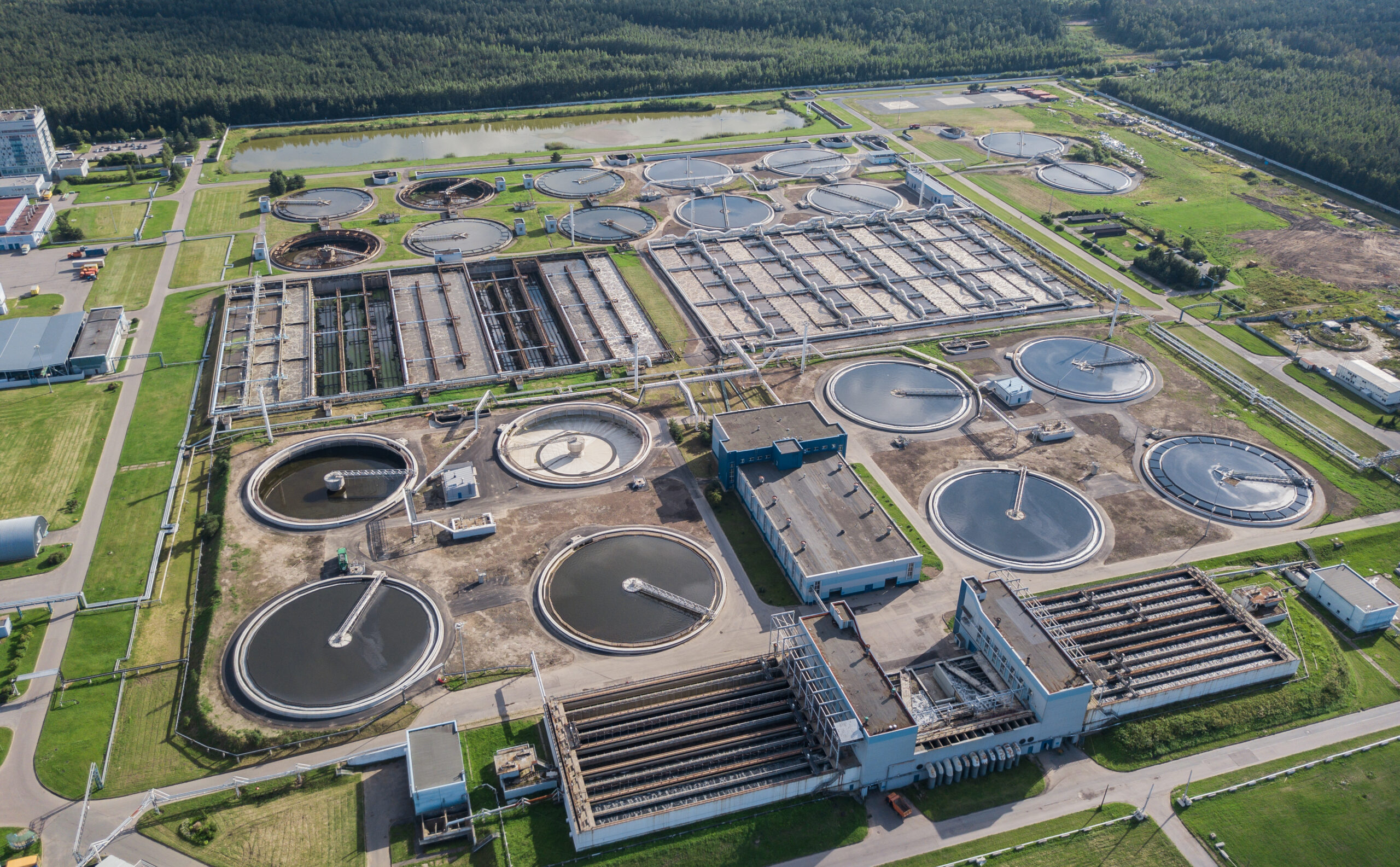Aerial view of huge water treatment facility